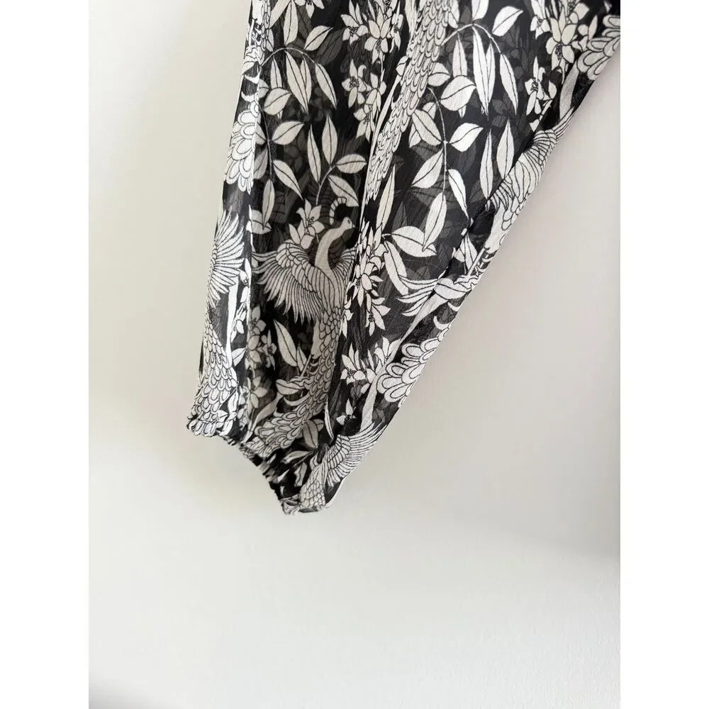 LC Lauren Conrad Black White Bird Print Sheer Peasant Blouse Size M - Picture 9 of 10